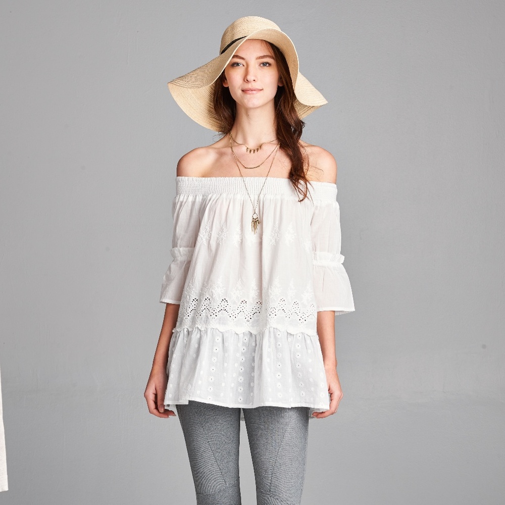 Ivory Embroidered-Accent Off-Shoulder Top